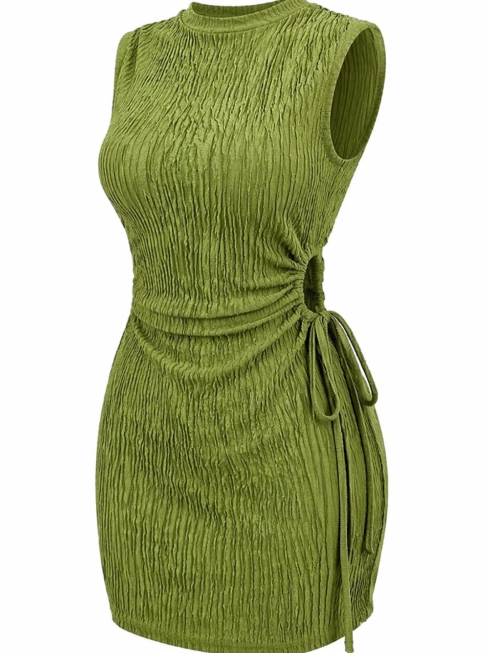 Sleeveless Ruched Side Tie Green Dress
